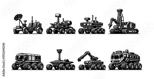 Set of black and white vector illustrations of futuristic space exploration vehicles