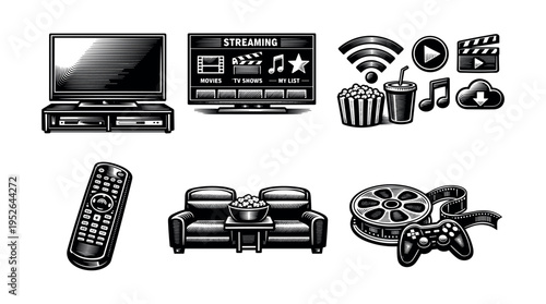 Black and white home entertainment icons set with tv and media elements
