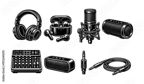 Black and white vector set of audio equipment including microphone and headphones