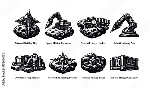 Detailed black and white vector set of space mining equipment illustrations