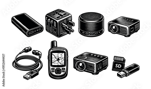 Vintage style illustration of electronic devices set with projectors and adapters in black and white vector