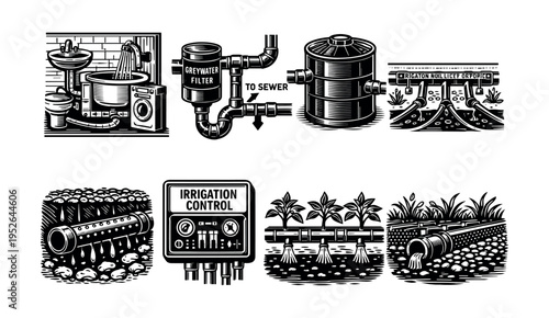Collection of black and white vector illustrations of irrigation and plumbing systems