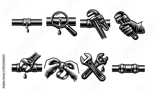 Vintage plumbing tools and repair elements vector silhouette set of 8 illustrations