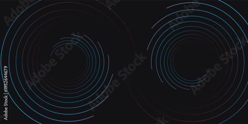 3D red black dynamic techno background on dark space. Tech banner with rotating circles style decoration. Modern graphic design element