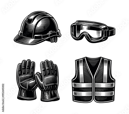 Vector illustration of safety equipment set including helmet gloves goggles and vest