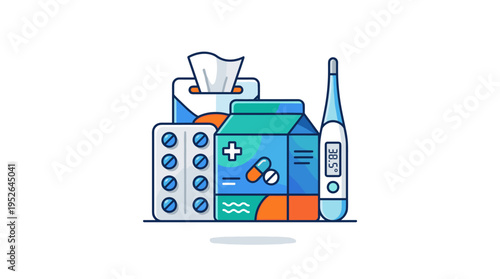 Flat design collection of cold medicine items and thermometer