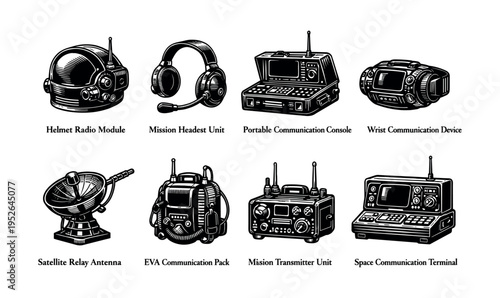 Vintage space communication equipment illustrations set in black and white vector style