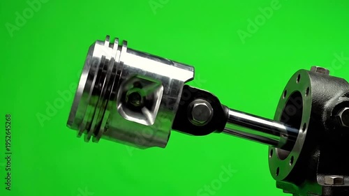 Internal combustion engine piston and connecting rod assembly on a green background - detailed mechanical part for automotive repair and engineering concepts