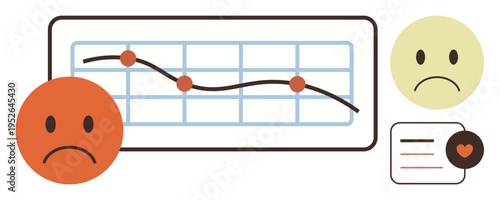 Business performance, user feedback, data analysis, customer sentiment, negative impact, emotional response. Graph showing a downward trend with sad face icons. Business performance and customer