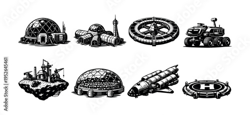 Futuristic space colony elements in black and white vector illustration set