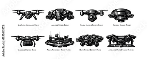 Vector illustration of futuristic drones and security platforms in black and white