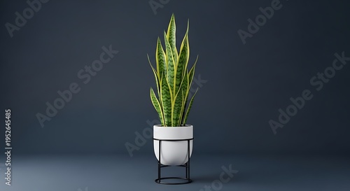 Elegant Snake Plant in White Pot on Black Stand Against Dark Background.