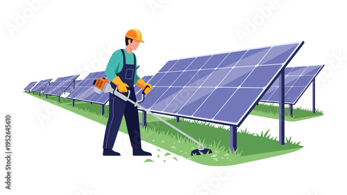 Solar Panel Technician: A skilled technician, meticulously maintains solar panels, trimming the surrounding grass with a focused dedication to sustainable energy. 