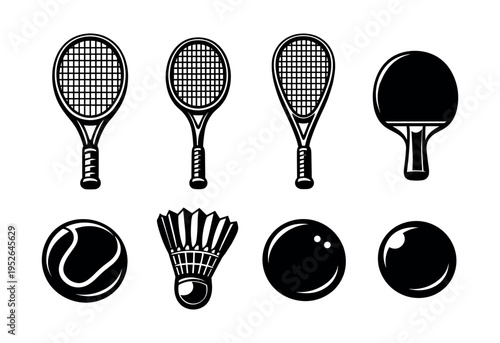 Vector illustration of sports equipment tennis rackets ping pong paddle and balls set
