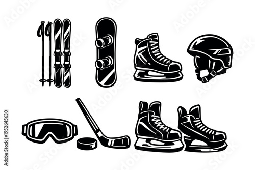 Black and white vector set of winter sports equipment illustrations including skis snowboard and ice hockey gear