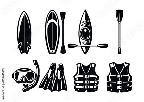 Black and white vector set of kayak canoe and watersport equipment illustrations