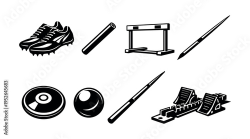 Black and white athletic equipment set including shoes, hurdle, baton, and discus