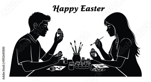 Black silhouette vector graphic illustration of a couple happily decorating traditional patterned easter eggs together
