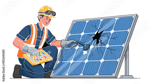 Solar Panel Technician: A skilled technician, equipped with advanced tools, meticulously examines a damaged solar panel.