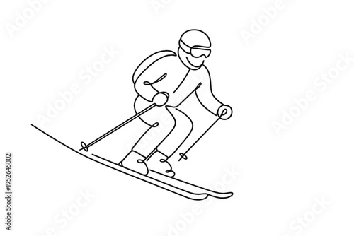 Minimalist Skier Descent. "Winter Adventure". Minimalistic one-line drawing skier descending slope at alpine