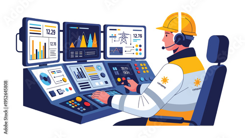 Control Panel Operation: An operator, wearing a hard hat and headset, intently monitors a complex control panel displaying vital information. The scene embodies precision, technological prowess.