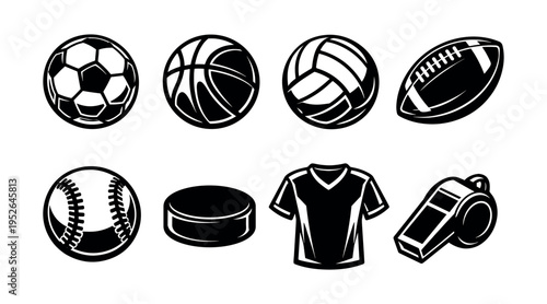 Vector silhouette set of sports equipment balls and gear illustration