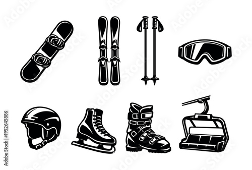 Winter sports equipment set silhouette vector with skis snowboard and goggles
