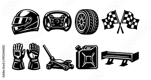 Black and white racing equipment vector set with helmet gloves wheel and flags