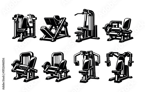 Black and white vector illustration of gym equipment machines set in silhouette style