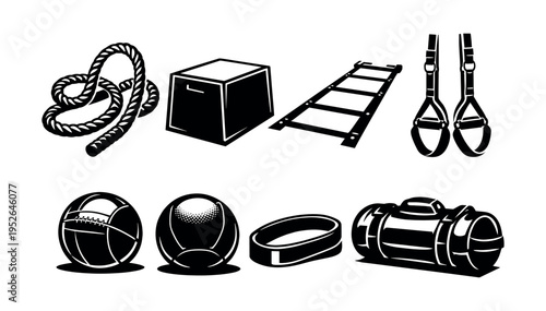 Black and white vector illustration of fitness equipment set including rope medicine ball and gym rings