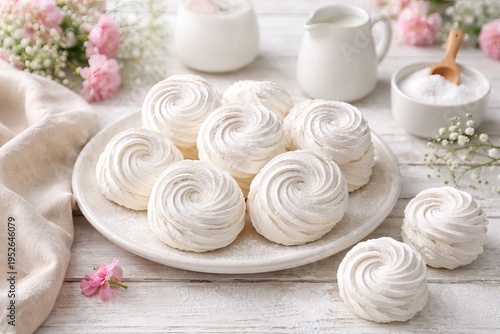 Wallpaper Mural Beautiful White Marshmallow Zefir Arranged On A Ceramic Plate With Pink Flowers. This Sweet Dessert Table Features Fresh Milk And Sugar On White Wooden Rustic Background. Torontodigital.ca