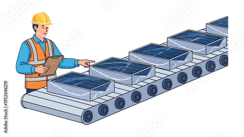 Solar Panel Production: A worker carefully inspects solar panels on a production line, symbolizing the meticulous process of renewable energy manufacturing.