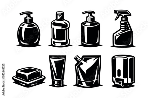 Black and white vector set of soap and cleaning product illustrations