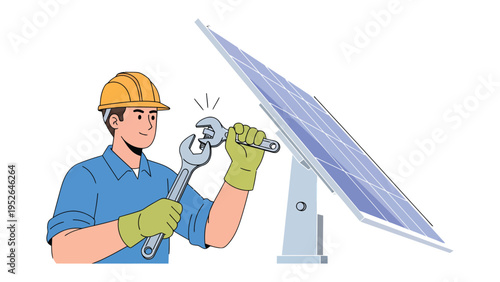 Solar Panel Technician at Work: An skilled technician, adorned in a hardhat, meticulously adjusts a solar panel using a wrench.