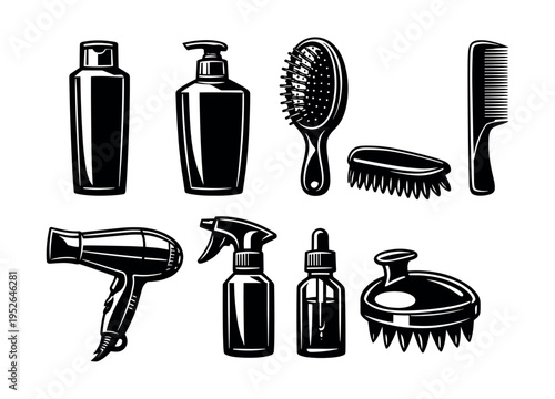 Vector illustration of hair care products and tools black and white set