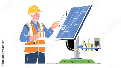 Solar Panel Maintenance: A technician, equipped with tools, diligently inspects a solar panel, showcasing dedication to renewable energy and sustainability.