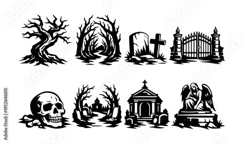 Vector silhouette collection of spooky graveyard elements for halloween decorations