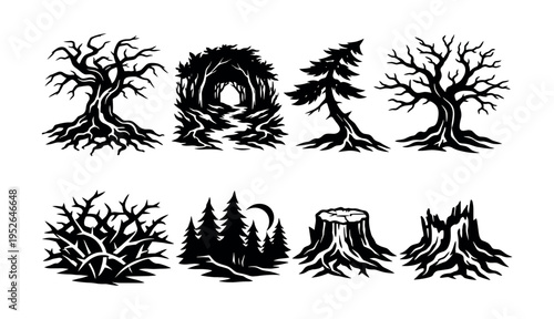 Collection of silhouette forest elements featuring trees stumps and bushes in black and white