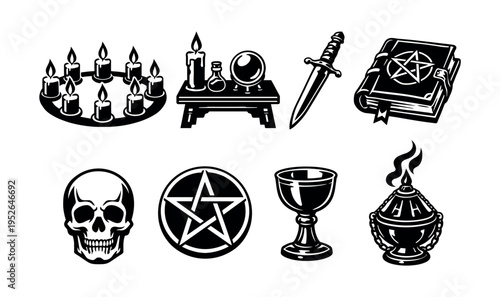 Wiccan ritual objects set, black and white vector illustration of spiritual and occult elements