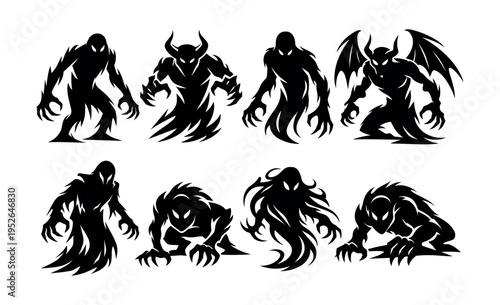 Set of eight monstrous silhouettes in black and white vector style