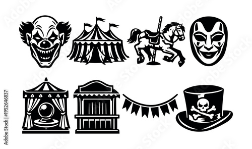Vintage circus themed black and white vector set with masks and carousel horse