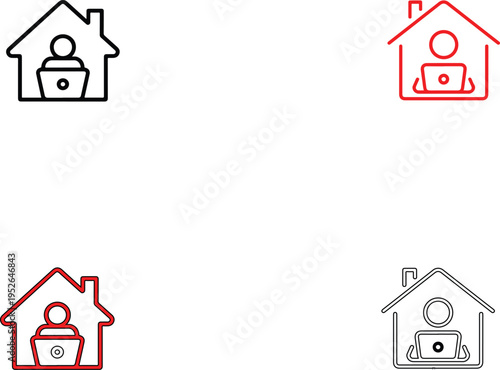 Work From Home Icon Set, Remote Work Line Icons, Freelancer Working at Home Vector Illustration