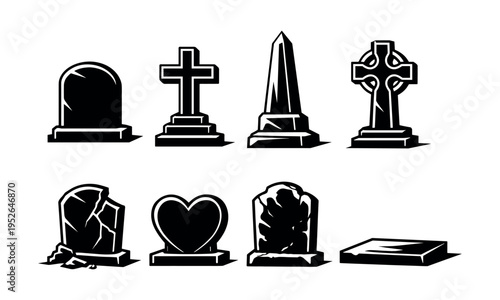 Collection of gravestone silhouettes including crosses and monuments in vector style