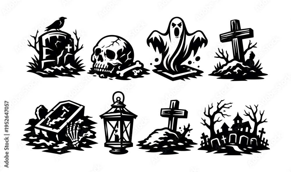 Fototapeta premium Halloween vector set with graveyard elements and ghostly figures in black and white silhouette
