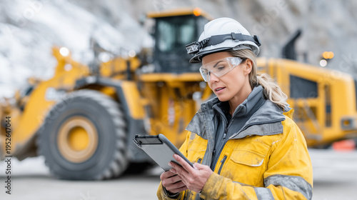 Industrial Machine Operator Reviewing Telematics on Rugged Tablet in Autonomous Mining Operation

