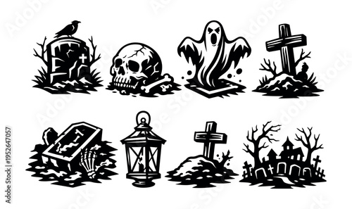Halloween vector set with graveyard elements and ghostly figures in black and white silhouette