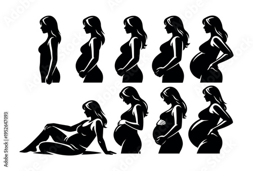 Silhouette illustration of pregnant woman in various poses, black and white vector set
