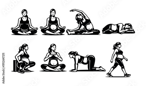 Pregnant women practicing yoga and exercise, black and white vector illustration set