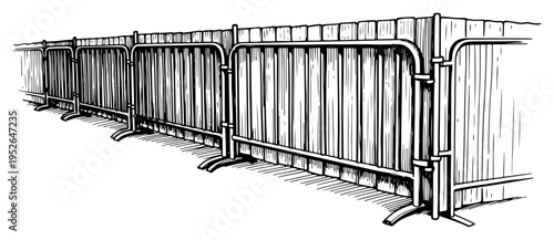 Vintage engraving of a metal temporary construction fence or crowd control barrier
