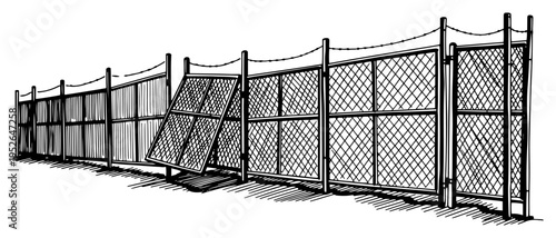 Vintage hand drawn engraving of a security chain link fence with barbed wire and gate